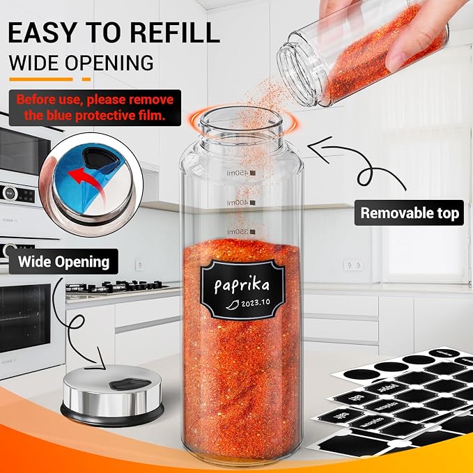 Segarty Spice Jar with Labels, 3 Pack 15oz Glass Spice Shakers with Adjustable Pour Lids, Clear Large Spices Bottles for Herb Salt Pepper, Condiment Containers with 136 Labels, 1 Marker Pen and Brush