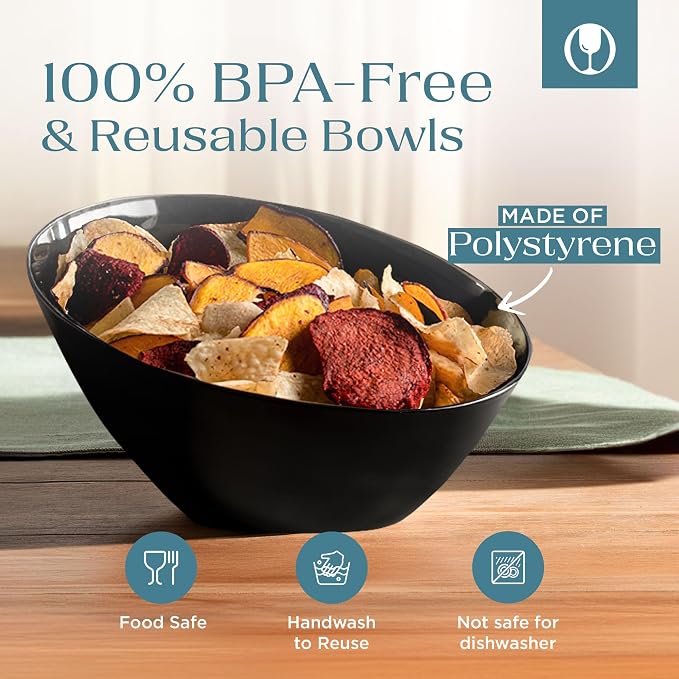 5 Pack Black Angled Plastic Serving Bowl Disposable for Party Table 20oz | Angled Bowl Design. Chip, Candy, Salad & Fruit Use. Disposable Party Tableware. Buffet & Wedding Serving. Black Plastic.
