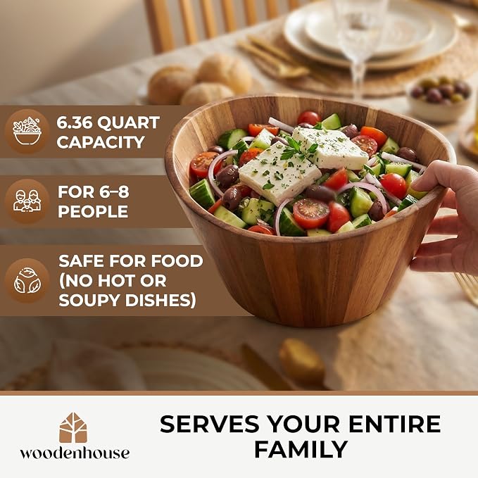 Extra Large Wooden Salad Bowl - Acacia 12" Multi-Purpose Wood Bowls | Multi-Purpose for Fruit, Decor & Storage – Durable Wavy Handmade Design for Kitchen Counter