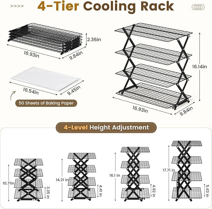 4 Tier Collapsible Cooling Rack for Baking Cookies Bread Barbecue | Include 50 Baking Papers, 4-Level Adjustable Height, 3 Setting Design, Stackable Roasting Rack, X-Shaped Structure