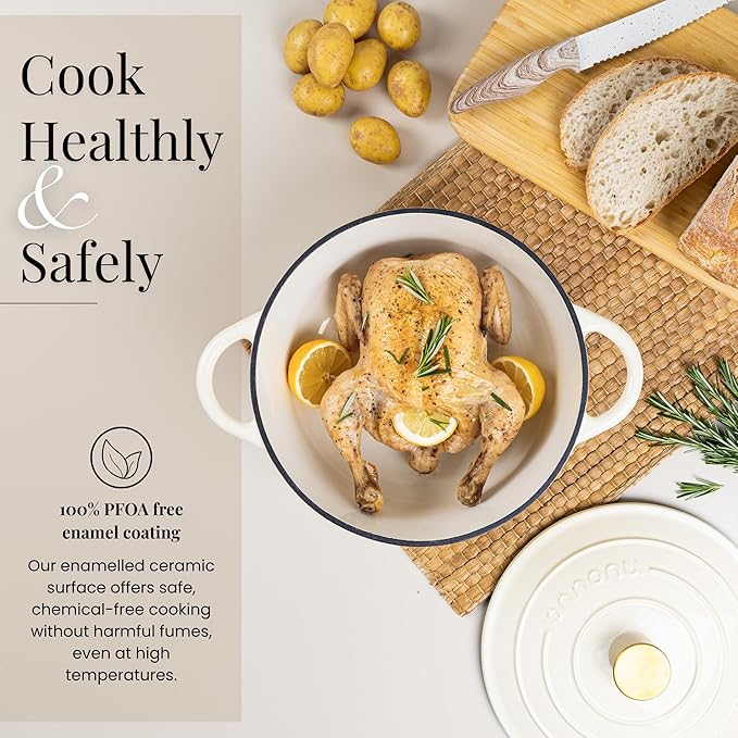 Cast Iron Pot with Lid-Non-Stick Ovenproof Enamelled Casserole Pot, Oven Safe up to 500° F-Sturdy Dutch Oven Cookware - Cream, 5-Quart, 24cm-by Nuovva