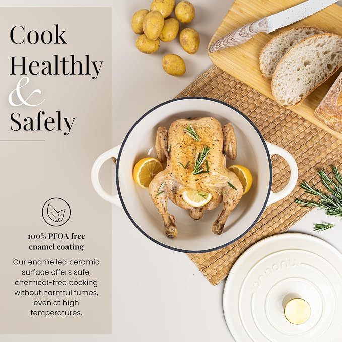 Cast Iron Dutch Oven with Lid-Non-Stick Ovenproof Enamelled Casserole Pot - Sturdy Dutch Oven Cookware-Cream, 7.3- Quart, 30cm- by Nuovva