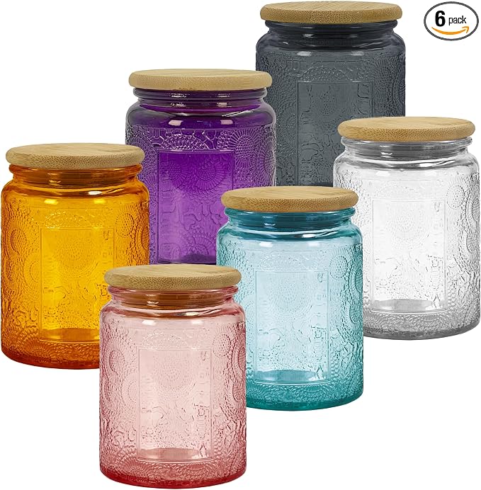 8 oz Decorative Small Glass Jars with Airtight Bamboo Lids, 6 Colors 6 Pack | Vintage embossed color coated containers, kitchen pantry bathroom organization & decor, spices, DIY gifts, candle making