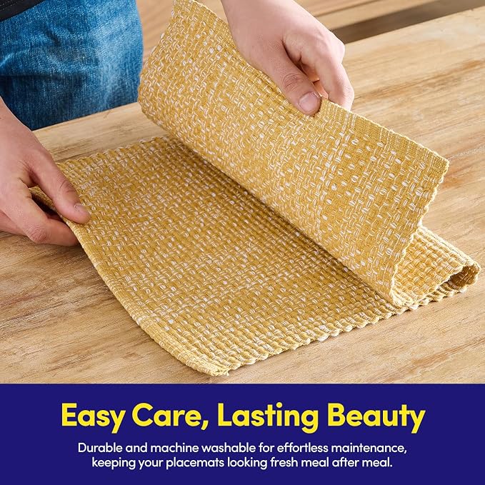 Sweet Home Collection 100% Cotton Placemats for Dining Room Rectangle Two Tone Woven Fabric 13" x 19" Soft Durable Table Mat Set, Set of 4, Gold
