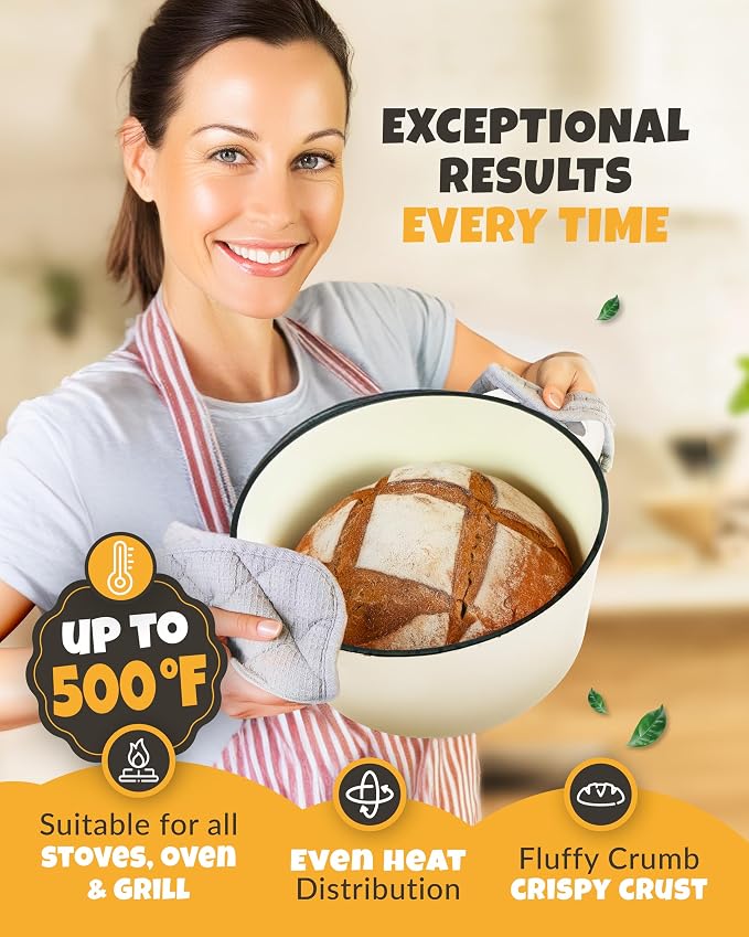 5 QT Enameled Dutch Oven for Bread Baking with Lid & Baking Set | Dutch Oven for Sourdough Bread Baking, Enameled Cast Iron with Lid, Banneton, Bread Sling, Lame, Dough Whisk & Clear Guide