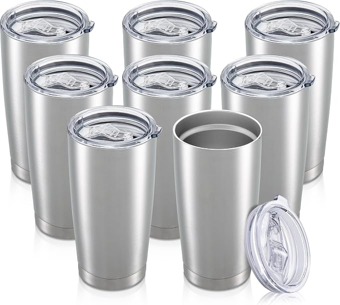20 oz Tumbler with Lid Stainless Steel Insulated Tumblers Bulk Cups Mug | Double Wall Vacuum, Powder Coated, Keep Drinks Cold and Hot, Waterproof Lid, Fit of Car Cup Holders, Stainless, 8 Pack