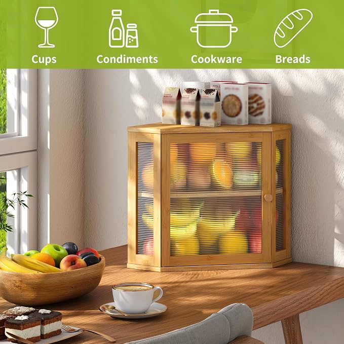 BMOSU Corner Bread Box for Kitchen Countertop Double Layer Bamboo Wooden Bread box Large Capacity Bread Storage Bin(Natural, Medium)