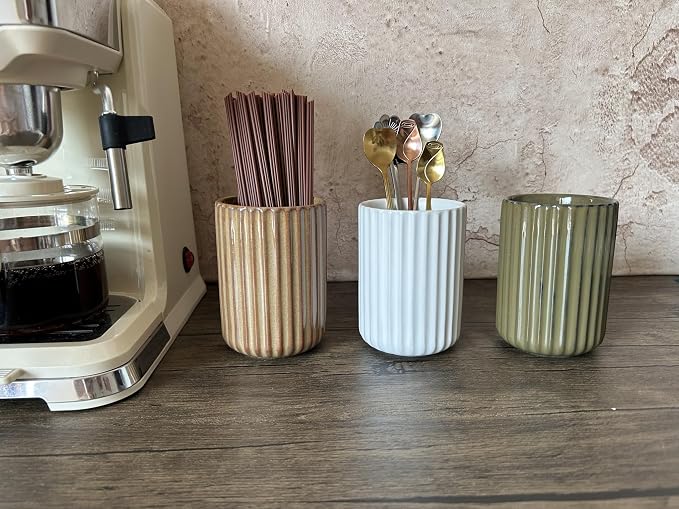 TOPYOKK Stoneware Coffee Bar Utensil Holder Tea & Coffee Spoon & Stirrer Holder for Stir Stick Straw Teaspoon Holder Espresso Spoon Cup Small Utensil Jar Fluted Vertical Stripe (Matte White)