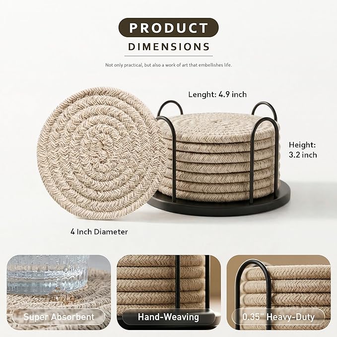 Lazebox Coasters Set of 8 for Drinks, 4 Inch Large Coasters for Coffee Table, Tabletop Protection for Hot & Cold Drinks, Versatile Coasters for Home Decor, Non-Slip & Easy to Clean, Mixed Brown