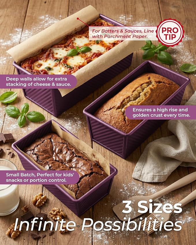 CARTMAN 3-Piece Pullman Loaf Pan with Lid, 2.2/1/0.8 LB Bread Pan, Purple | Includes 2.2/1/0.8 LB sizes & silicone tools, bottom vents, nonstick carbon steel, nesting storage, for bread & brownies