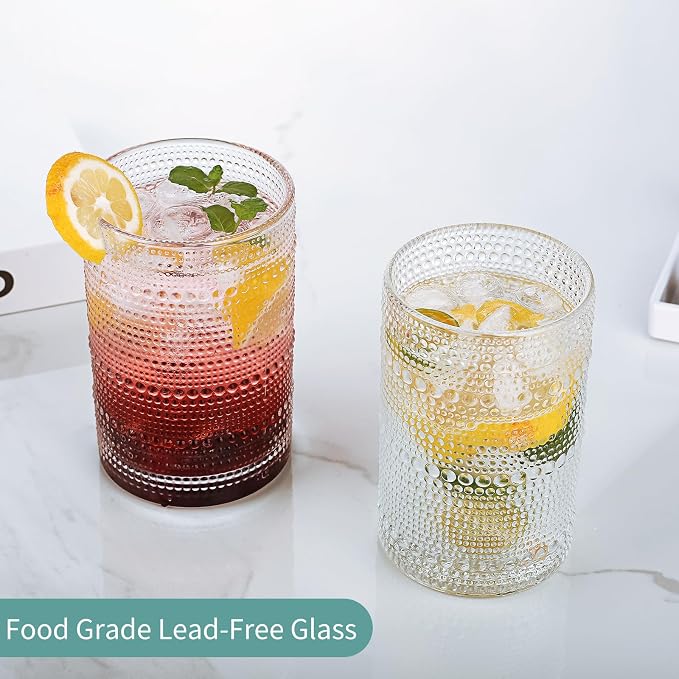 Hobnail Drinking Glasses Set of 6, 16 Oz Vintage Embossed Glass Cup Kitchen Glassware Water Tumblers for Cocktails, Beer, Juice, Whiskey