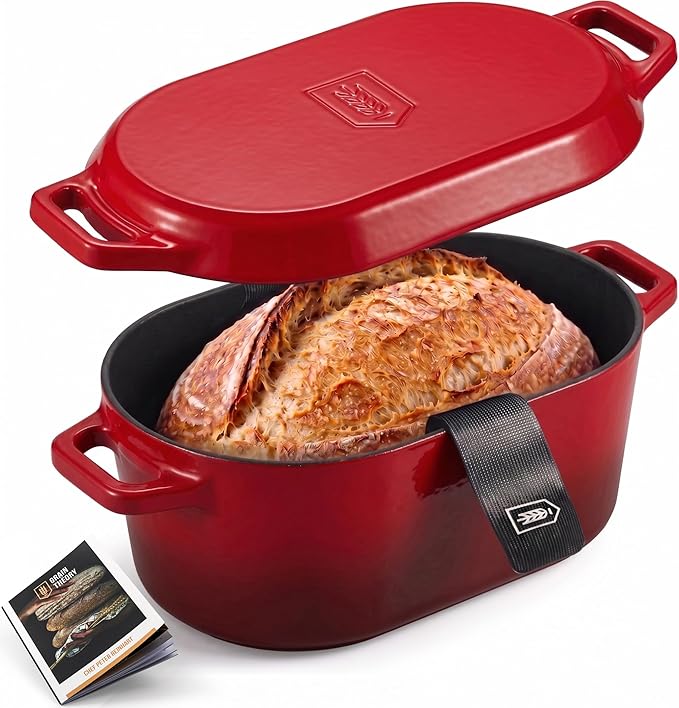 KooK Oval Dutch Oven, for Bread Baking, Sourdough Loaf Pan, Dual Handles, Enameled Cast Iron, with Sling, Dishwasher Safe, 3.4 Qt, Cherry Ombre