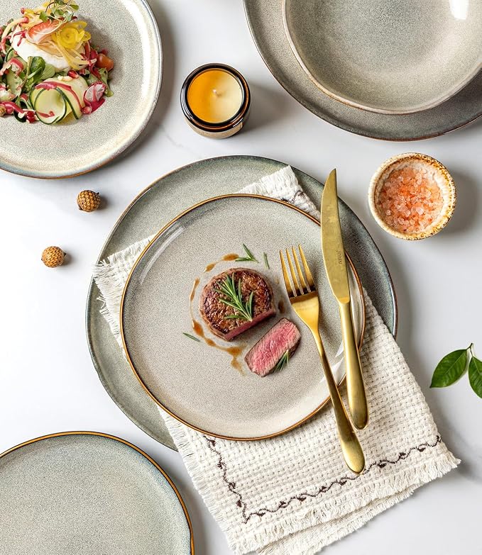 GBHOME Stoneware Dinnerware Sets for 6,18 Piece Rustic Plates and Bowls Set | Earthenware Handmade Reactive Glaze Plate Sets, Chip Resistant Ceramic Dishes, Microwave & Dishwasher Safe, Wheat Green