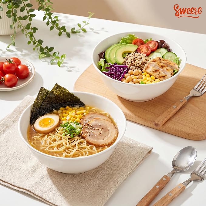 Sweese 18 oz Ceramic Soup Bowls Set of 6, White Pasta Bowls for Ramen, Salad, Noodles, Cereal and Soup, Stackable Serving Bowls for Everyday Meals