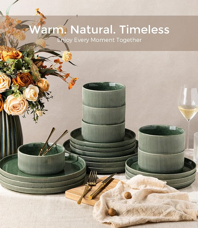 GBHOME Stoneware Dinnerware Sets for 4,16-Piece Plates and Bowls Set | Handmade Reactive Glaze Ceramic Dish Set, Scratch Resistant, Dishwasher&Microwave Safe,Dark Green