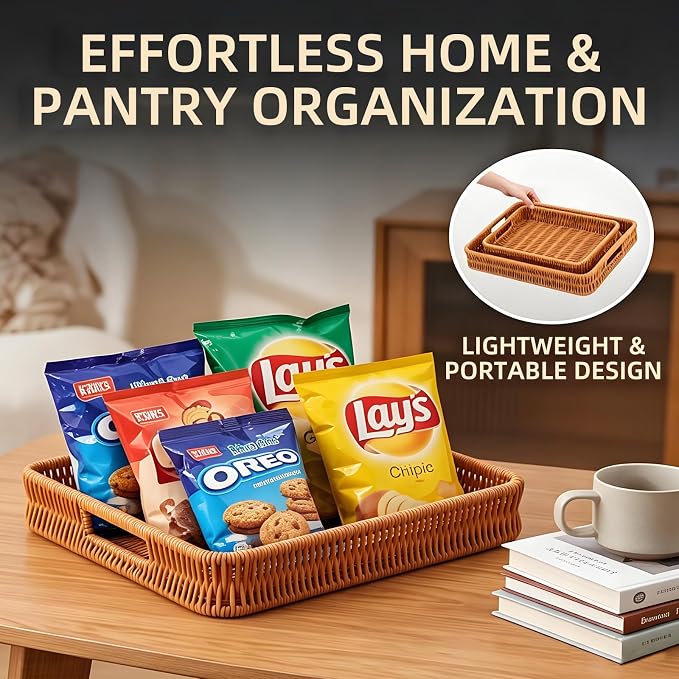 3PCS Hand-Woven 16“ Rattan Rectangular Serving Tray with Handles – Wicker Tray for Coffee Table Decor, Breakfast Basket, Drinks, Fruit, Snacks Organizer, Ottoman & Kitchen Counter Outdoor