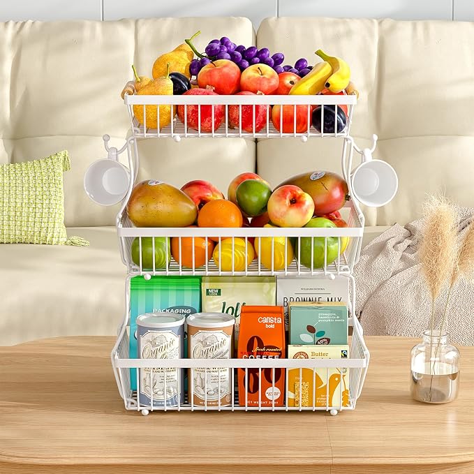 3 Tier Fruit Basket for Kitchen Counter with 2 Banana Hangers, Countertop Metal Fruit Bowl with Wooden Handle, Large Storage Stand for Vegetables, Snacks, Breads, Produce Storage – White