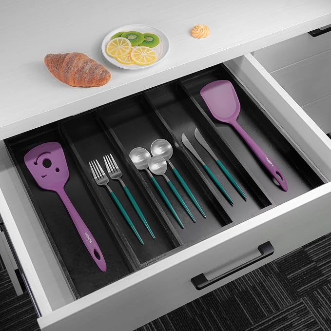 Utoplike Bamboo Drawer Organizer Kitchen Utensils, Silverware Tray Black | Adjustable Cutlery Holder Organiser, Expandable Drawer Divider for Flatware, Knives in Kitchen, Bedroom, Livingroom, 3-5 Slot