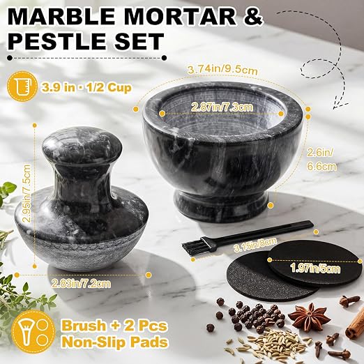 Hushee Marble Mortar and Pestle Set 3.74 Inch 1/2 Cup Stone Grinder with Mushroom Pestle Brush and Non Slip Pads Small Spice Grinder Pill Crusher for Herbs Garlic Spices Kitchen Tool