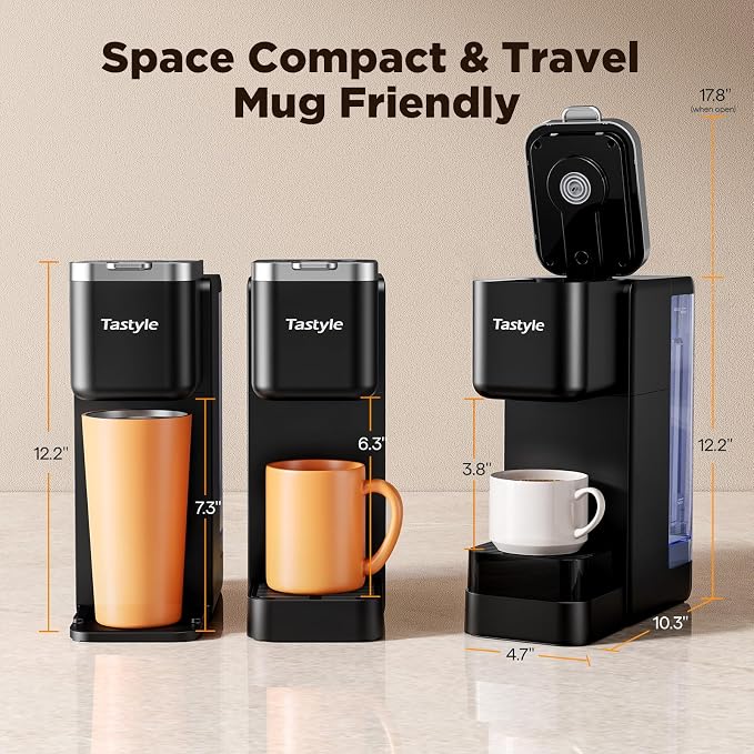 Tastyle Hot & Iced Coffee Maker with Magnetic K-Pod Holder, Fits 7.3'' Mug | Stores 10 Pods, for K Cup & Grounds, Compact for Home, Office & RV, Brew 6-24oz Coffee, 40 oz Removable Tank, K330CH, Black