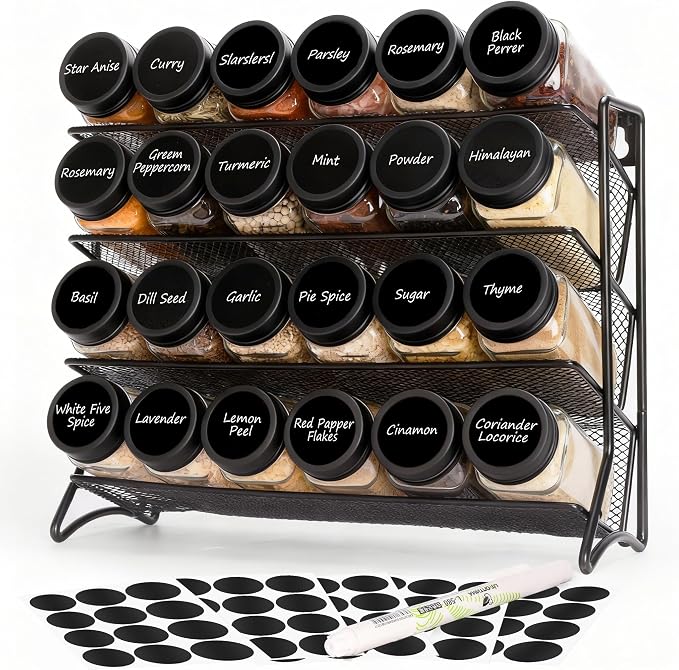 DIDITIME Spice Rack Organizer with 24 Glass Jars and 60 Labels, 4-Tier Seasoning Organizer for Cabinet, Countertop, Pantry or Wall Mount, Rust-Resistant Carbon Steel Spice Jar Set with Marker