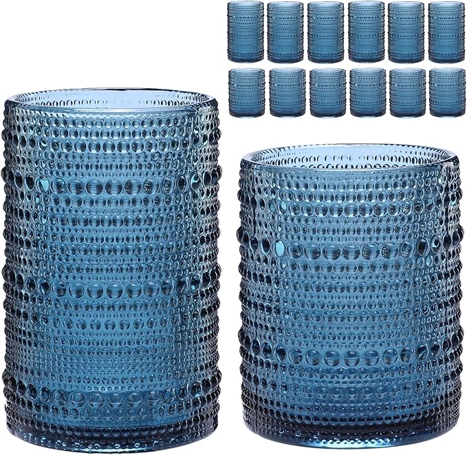 ZMOWIPDL Drinking Glasses Set of 12,Blue 12oz & 15oz Hobnail Glass Cups | Vintage Glassware，Embossed Water Tumbler,for Beer,Cocktail,Whiskey,Juice and Various Mixed Drinks- 1 Cleaning Brush