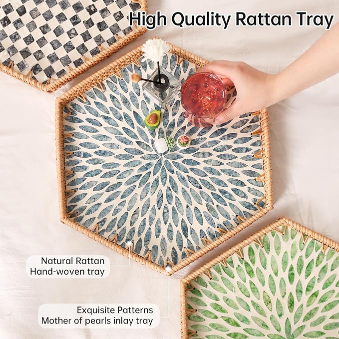 Hexagon Rattan Tray with Mother of Pearl Inlay, Rattan Serving Tray for Coffee, Bread, Fruits, Snacks, Decorative Wicker Tray for Table Decor, Home Decor (Light Blue Leaves, 14.5"×12.8")
