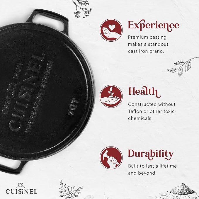 Cuisinel 7-Quart Cast Iron Dutch Oven + Pan Scraper + Silicone Handle Grips - 2-in-1 Pot+Pan Combo Skillet - Pre-Seasoned Indoor/Outdoor Cookware + Instruction & Care Booklet