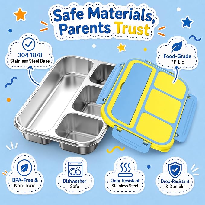 Stainless Steel Bento Lunch Box for Kids Adult, Metal Lunch Box Containers for Boys Girls School, 4 Compartment Leak Proof Lunch Containers with Sauce Cup, Fork and Spoon & Fruit Picks, Yellow Blue