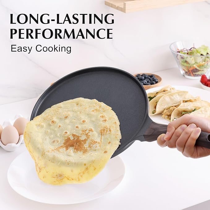 SENSARTE 12 Inch Nonstick Crepe Pan Granite Coating Pancake Pan Black | Swiss Granite Coating Dosa Pan Pancake Flat Skillet Tawa Griddle with Stay-Cool Handle, Induction Compatible
