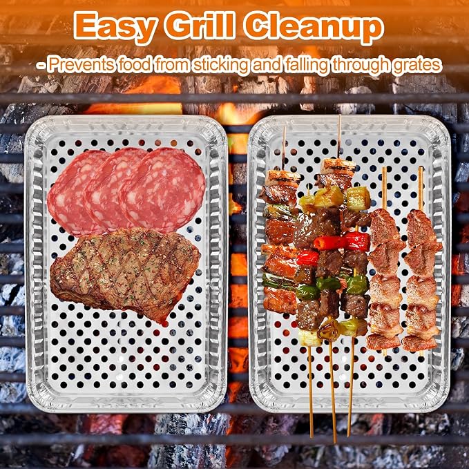 CYEAH 16 x 12 in Large Aluminum Foil Grill Topper Pans, 20 Pcs BBQ Grill Topper Pan with Holes, Non Viscous Aluminum Foil BBQ Grilling Tray for Cooking & Camping, No Clean Up Required