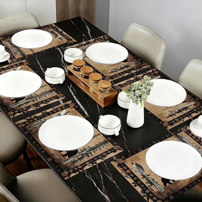 Bear Family Cloth Placemats,Vintage Forest Wildlife Heat-Resistant Table Placemats Set of 6, Washable Linen Place Mats for Dining Room Table Decor Home Restaurant Cafes Holiday Party 11.8x17.7 Inch