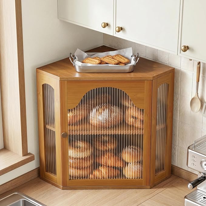 2-Tier Corner Bread Box for Kitchen Countertop with Acrylic Wavy Door Panel | Bread Storage for Homemade Bread, Large Bamboo Vintage Farmhouse Bread Bin, Cabinet Cupboard Pantry, Caramel, Meduim