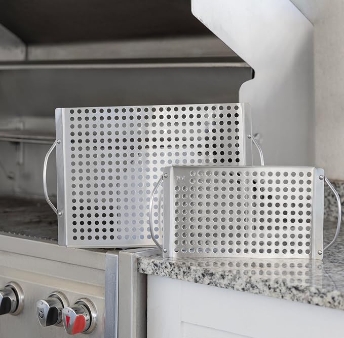 Outset Stainless Steel Grill Topper Grid, Set of 2, 11"x7" & 11"x17" Trays | Stainless Steel Grill Toppers | BBQ Veggie Grill Trays | Easy to Carry | Seafood Grill Tray With Holes | Infuses Flavor