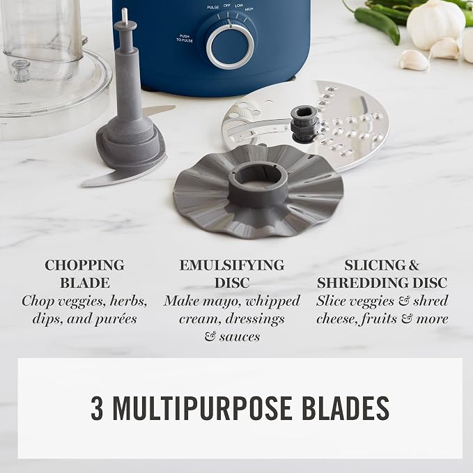 Martha Stewart 10 Cup Food Processor & Electric Chopper, One Touch Pulse | BPA-Free Bowl, 3 Multipurpose Blades, Easy Food Prep, Chop, Slice, Shred, Puree, Emulsify, Speed Dial, Wide Feed Chute, Navy