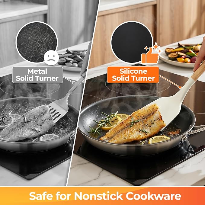 33Pcs Kitchen Utensils Set Silicone Cooking Utensils Set with Wooden Handle | Heat-Resistant, Dishwasher Safe, BPA-Free Silicone Kitchen Utensil Set with Wooden Handles & Holder for Nonstick Cookware