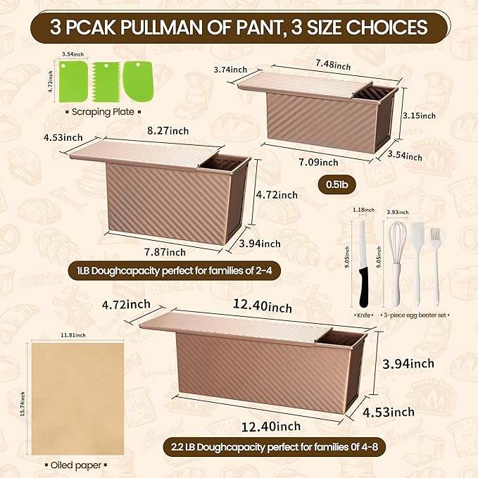 3 Pack Pullman Loaf Pan with Lids, Non-Stick Bread Loaf Pan, Heavy Duty Carbon Steel Corrugated Toast Box for Baking, Square Bread Pans for Homemade Sandwich, Bakeware (Rose Gold)