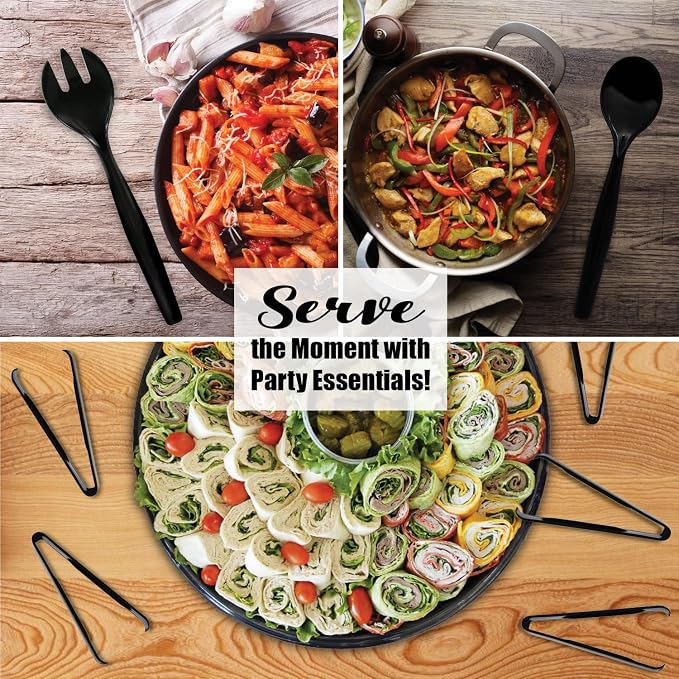 Party Essentials Disposable Heavy Duty Plastic Serving Utensils for Buffets Events Parties, 6-Sets of Spoons/Forks/Tongs, Black