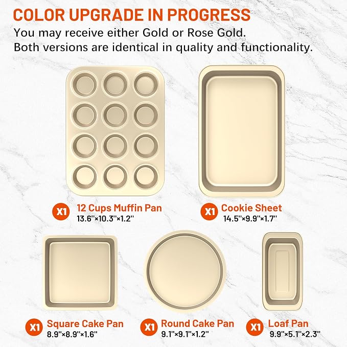 CasaCulina Baking Pans Set, 5-Piece Nonstick Bakeware Sets, Gold | Kitchen Cookware Sets Baking Supplies with Round/Square Cake Pan, Muffin Loaf Roast Pan, Baking Sheets for Oven, Black