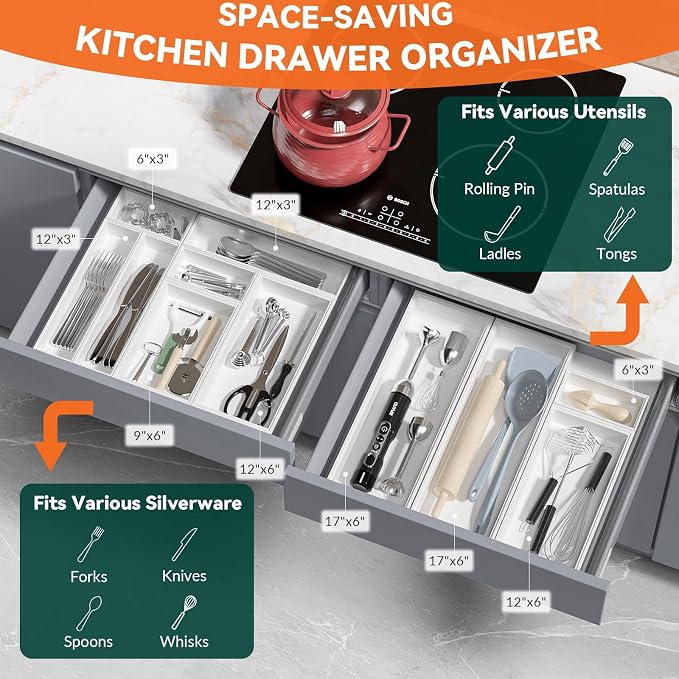 Lixple Bamboo Kitchen Drawer Organizer, 2 Pack, 9" x 6" x 2", White | Fits Silverware, Cutlery, Utensils & Kitchen Gadgets, Ideal for Kitchen Drawer Organization, Inner Size 8.3" × 5.3" × 1.77"