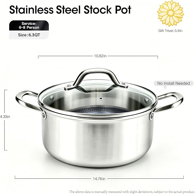 BRASA, Stainless Steel Stock Pot with Grass Lid 6.3QT+5.9in trivet,Nonstick cooking pot,for Pasta,Soup,Spaghetti,Sturdy,Induction & All Cooktop Compatible,Dishwasher safe PFOSFree (6.3QT+5.9in trivet)
