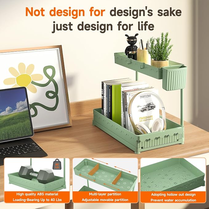 3-Pack 2-Tier L-Shaped Under Sink Organizers with Sliding Drawers | Multi-use kitchen & bathroom storage, 14.85 inch green cabinet organizer, space-saving sliding drawer design.