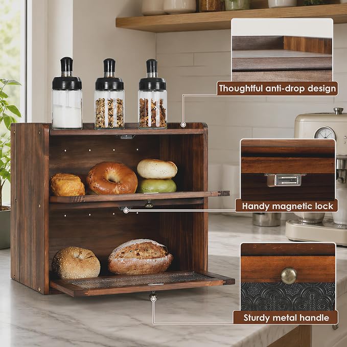 Sunhoo Bread Box for Kitchen Countertop, Large Pine Wood Breadbox, Brown | Farmhouse Pantry Container, Double Layer Storage, Fresh Homemade Sourdough Bin, Vintage Textured Acrylic Door, Easy Assembly