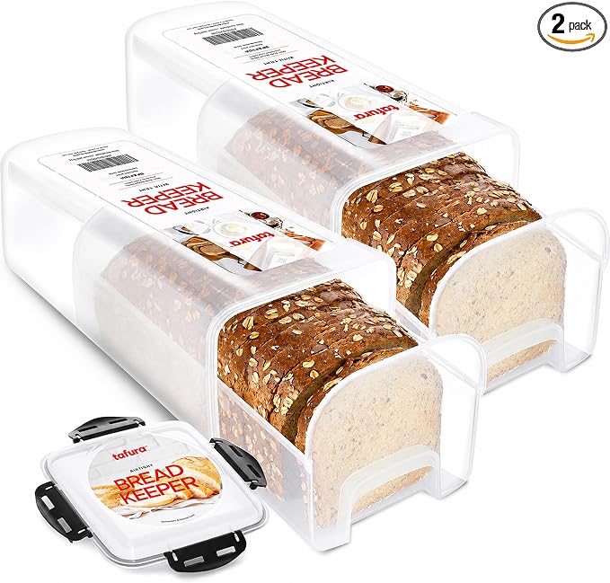 Tafura Bread Containers, 2 Pack, Airtight BPA-Free Bread Storage Boxes | Includes two reusable units for keeping homemade or store-bought loaves fresh while saving kitchen space.
