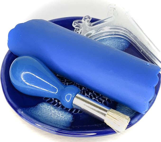 Premium Ceramic Garlic Grater Plate Set - Blue Cross Glazed | All-in-One 4-Piece Set includes 5.25" Plate, Peeler, Brush, and Stand - For Garlic, Ginger, Fruits, Strawberries, and more!