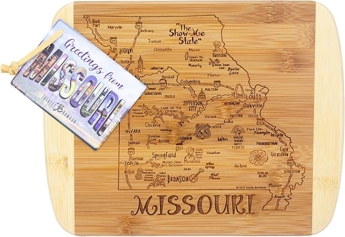 Totally Bamboo A Slice of Life Missouri Engraved Map Cutting Board | 11” x 8.75” charcuterie board with engraved state map artwork. Smooth reverse side for food prep. Hang tie for wall display.