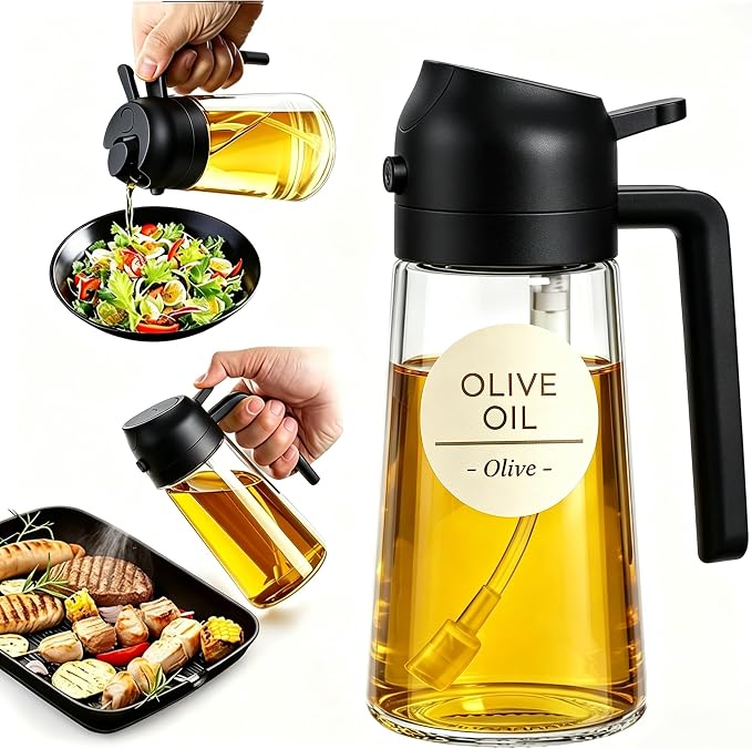Pure Future 2-in-1 Olive Oil Sprayer for Cooking - 16oz/470ml Glass Oil Dispenser Bottle with Portion Control, Refillable Mister for Air Fryer, BBQ, Salad, Grilling, Food-Grade & BPA-Free (Black)