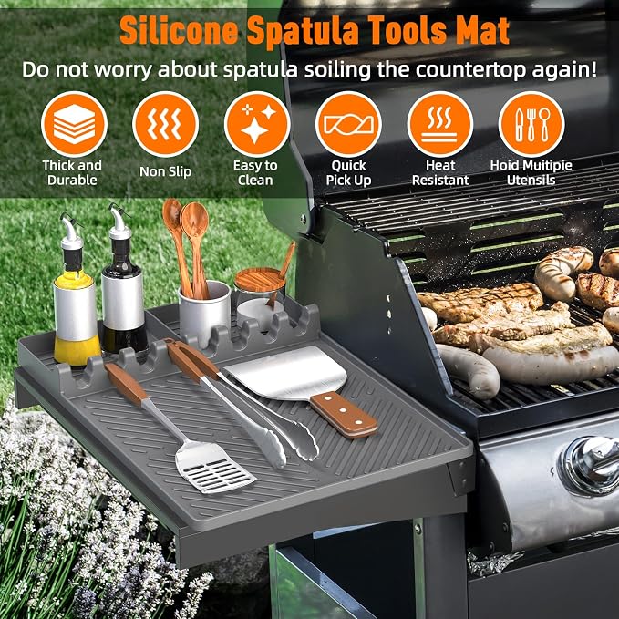 Silicone Grill Mat Compatible with Blackstone, Grey | Silicone Griddle Tools Mat with Drip Pad, Spatula Mat, For Outdoor Grill Kitchen Counter