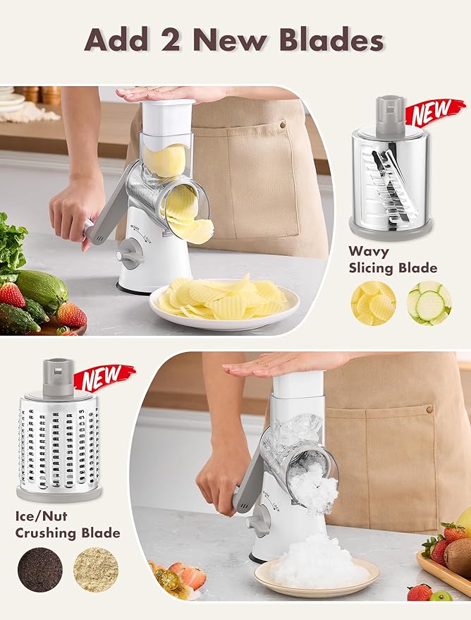 GDL Upgraded 5 in 1 Rotary Cheese Grater, Cheese Shredder Vegetable Slicer | 5 Stainless Steel Blades, Non-slip suction base, No BPA, Dishwasher Safe, Wavy Slicing, 12x Faster for Veggie, nut, ice