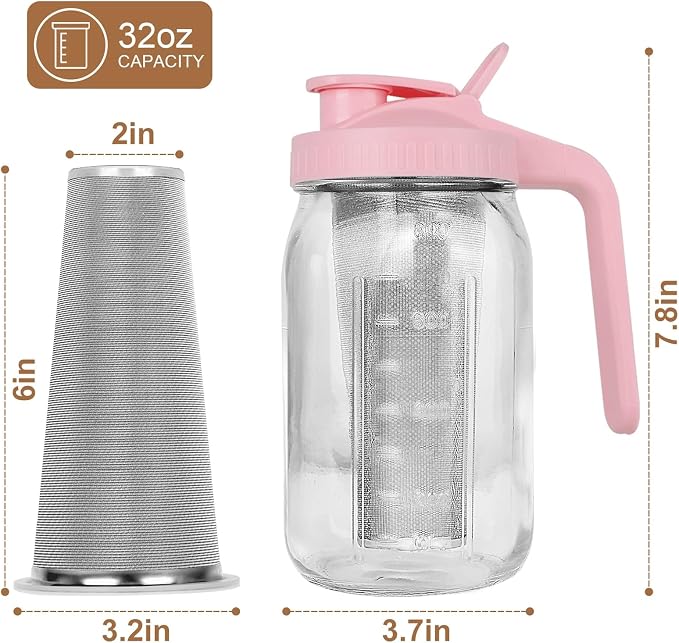 Cold Brew Coffee Maker, 32 oz Mason Jar Pitcher with Stainless Steel Filter, Pour Spout Handle Lid, Heavy Duty Glass Airtight & Leak-Proof for Iced Coffee,Tea & Lemonade